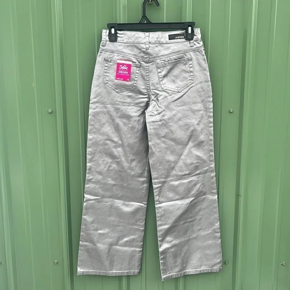 Girls Wide Leg Silver Denim Pleather Pants Size 12